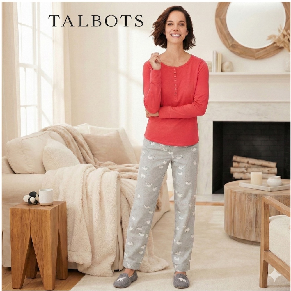 Talbots Flannel Bottoms Pajama Set Polar Bears Cotton Pink Gray XL